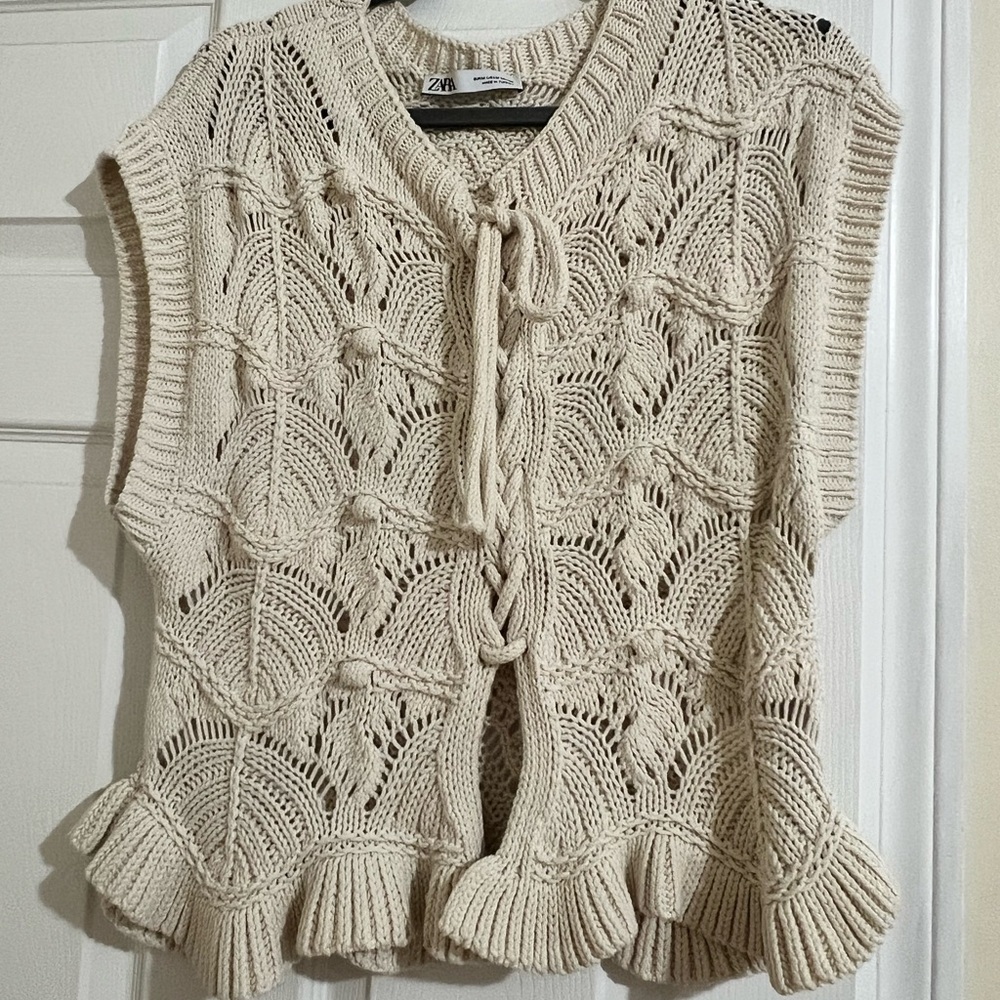 Zara Cream Cardigan with Ruffled Hem and Lace Pattern
